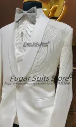 Luxuly White diamond hand embroidery  Men Suits Slim Fit Shawl Lapel Groom Wedding Tuxedos 2 Pieces Sets Male Prom Party Blazers