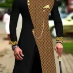 Men's casual two-piece suit set with long sleeves, mid-length jacket and trousers.