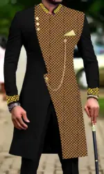 Men's casual two-piece suit set with long sleeves, mid-length jacket and trousers.