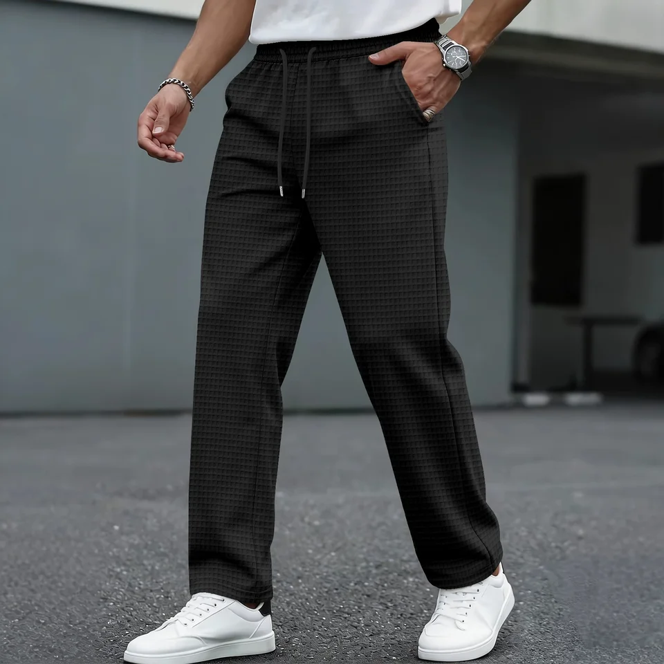 Men's new wide-checkered drawstring casual pants - lightweight, breathable, solid color, comfortable straight-leg trousers - Image 5