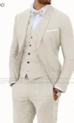 Beige Linen Suits for Men 3 Pieces Casual Slim Fit Suit Blazer Vest Pants Set Formal Prom Wedding Tuxedos for Groomsmen Best Man
