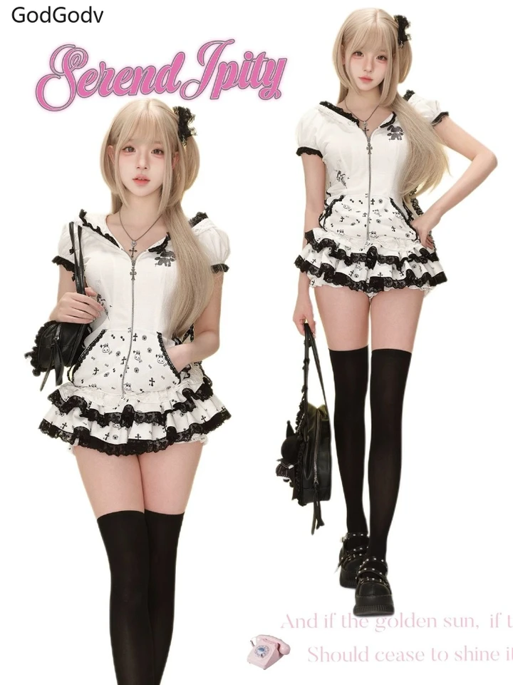Summer Sweet Preppy Style 2 Piece Sets Women Y2k Kawaii Lolita Design Tops + High Waist Chic Skirt Female Princess Retro Outfits - Image 4