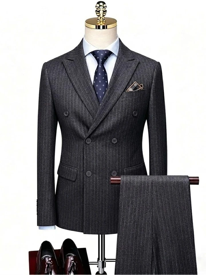 S-7XL ( Blazer + Pants ) Brand Striped Plaid Mens Formal Business Double-breasted and Single-button 2ps Set Groom Wedding Dress - Image 2
