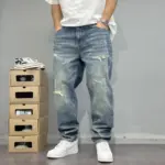 2025Heavy Duty Washed and Scraped Denim Men's Trendy High-end Embroidered Printed Loose Tapered Straight Leg Jeans