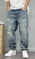 2025Heavy Duty Washed and Scraped Denim Men's Trendy High-end Embroidered Printed Loose Tapered Straight Leg Jeans