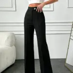 Women's Black Straight-leg Pants High Waist Seam Front Button Closure Spring Summer Office Casual Commuting Fashion Trousers
