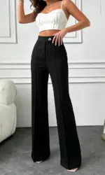 Women's Black Straight-leg Pants High Waist Seam Front Button Closure Spring Summer Office Casual Commuting Fashion Trousers