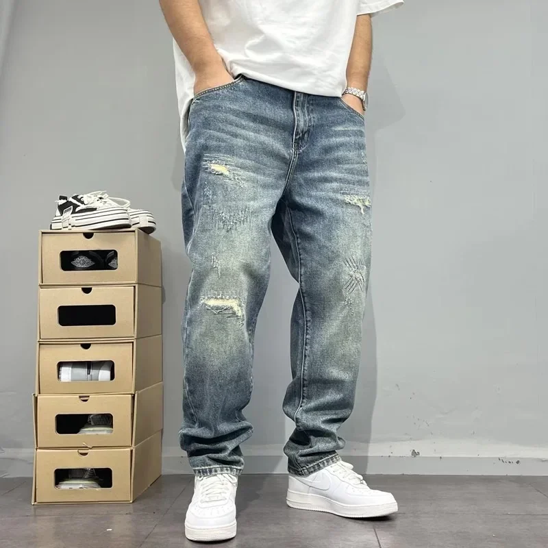 2025Heavy Duty Washed and Scraped Denim Men's Trendy High-end Embroidered Printed Loose Tapered Straight Leg Jeans - Image 4