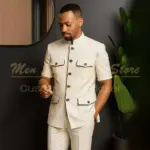 Safari Short Sleeve Men's Suits Simple Back Vent Stand Lapel Blazer With Shoulder Pads Luxury Slim Fit 2 Piece Jacket Pants Sets