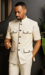 Safari Short Sleeve Men's Suits Simple Back Vent Stand Lapel Blazer With Shoulder Pads Luxury Slim Fit 2 Piece Jacket Pants Sets