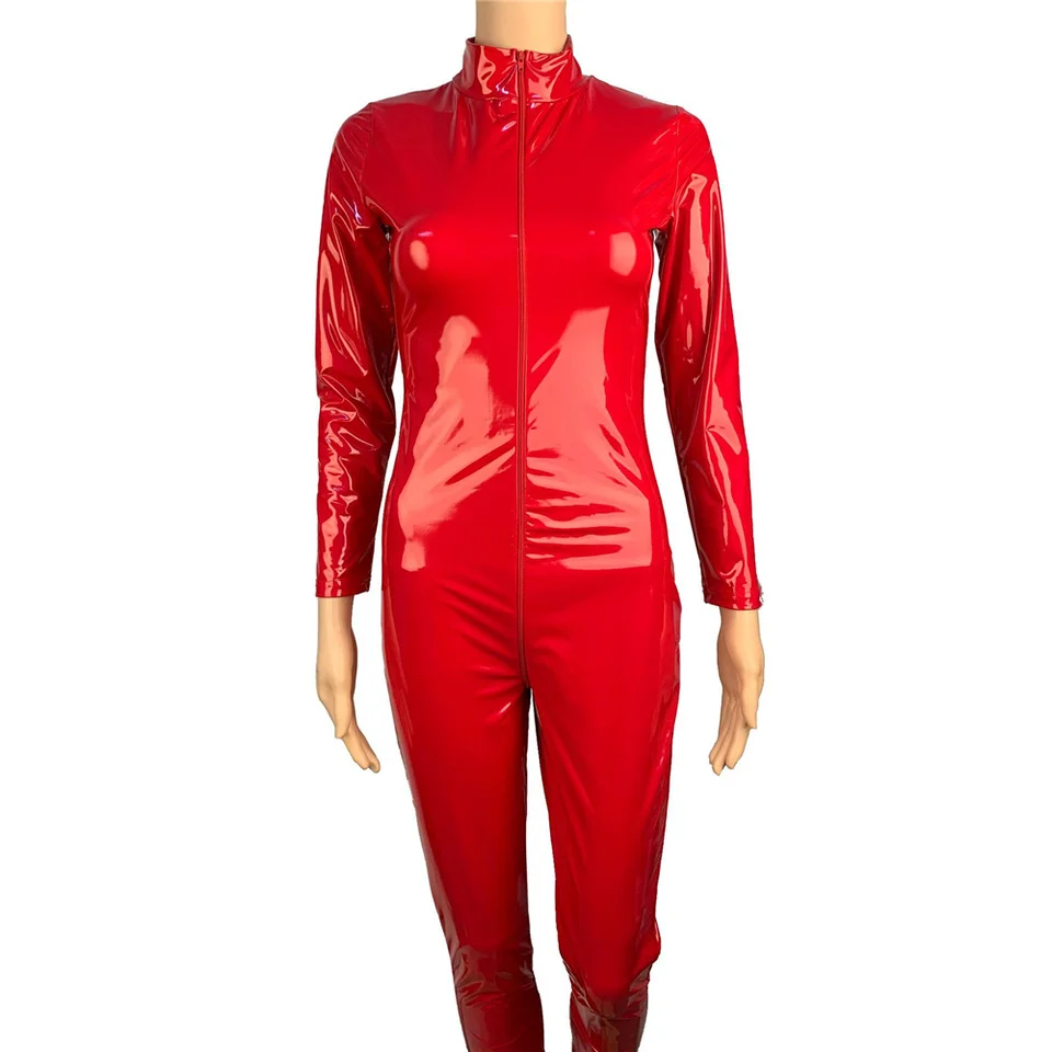 Sexy Lady Shiny Latex Suit PVC Faux Leather Jumpsuit Long Sleeve Zipper Shiny PU Patent Leather Bodysuit Nightclub Clubwear - Image 4