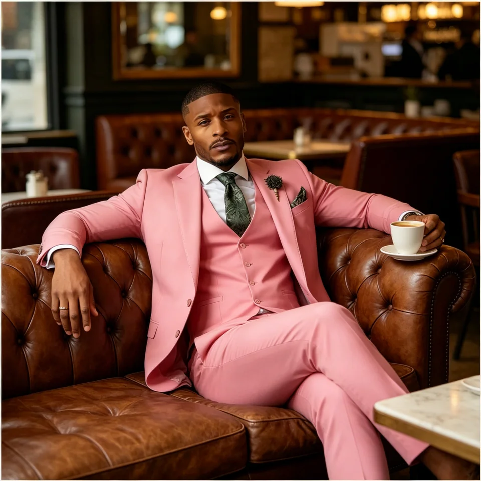 Green Emerald 3-Piece Men's Formal Tuxedo Elegant Jacket with Notched Lapel + Vest + Pants Wedding Groomsmen Smoking Suit