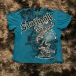 Retro Blue Gothic Pattern Printed Hip Hop Street Fashion Y2K Plus Size T shirt Round Neck Short Sleeve Women Couple Couple Top