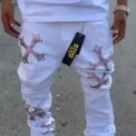Mens Unisex White Rhinestone Studded Cross Design Skinny Flared Jeans Hip Hop Streetwear Y2K Vintage High Waist Denim Pants