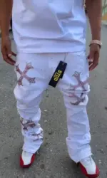 Mens Unisex White Rhinestone Studded Cross Design Skinny Flared Jeans Hip Hop Streetwear Y2K Vintage High Waist Denim Pants