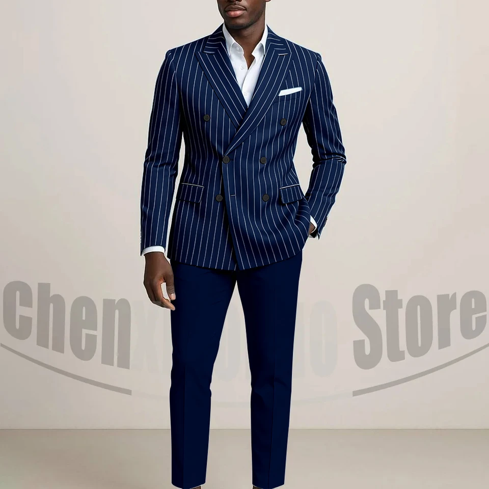 Men's Double Breasted Suit with Pinstripes Fashion Tailored Fit Formal Outfits for Business Casual Party Chic Male Suit 2 Piece - Image 3