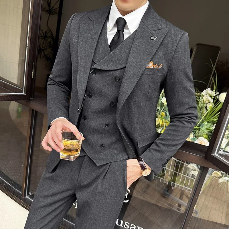 (Jackets+Pants+Vest) High Quality Men Slim Fit Party Tuxedos 3 Pieces Fashion Double Breasted Vest Design Wedding Social Suit - Image 5