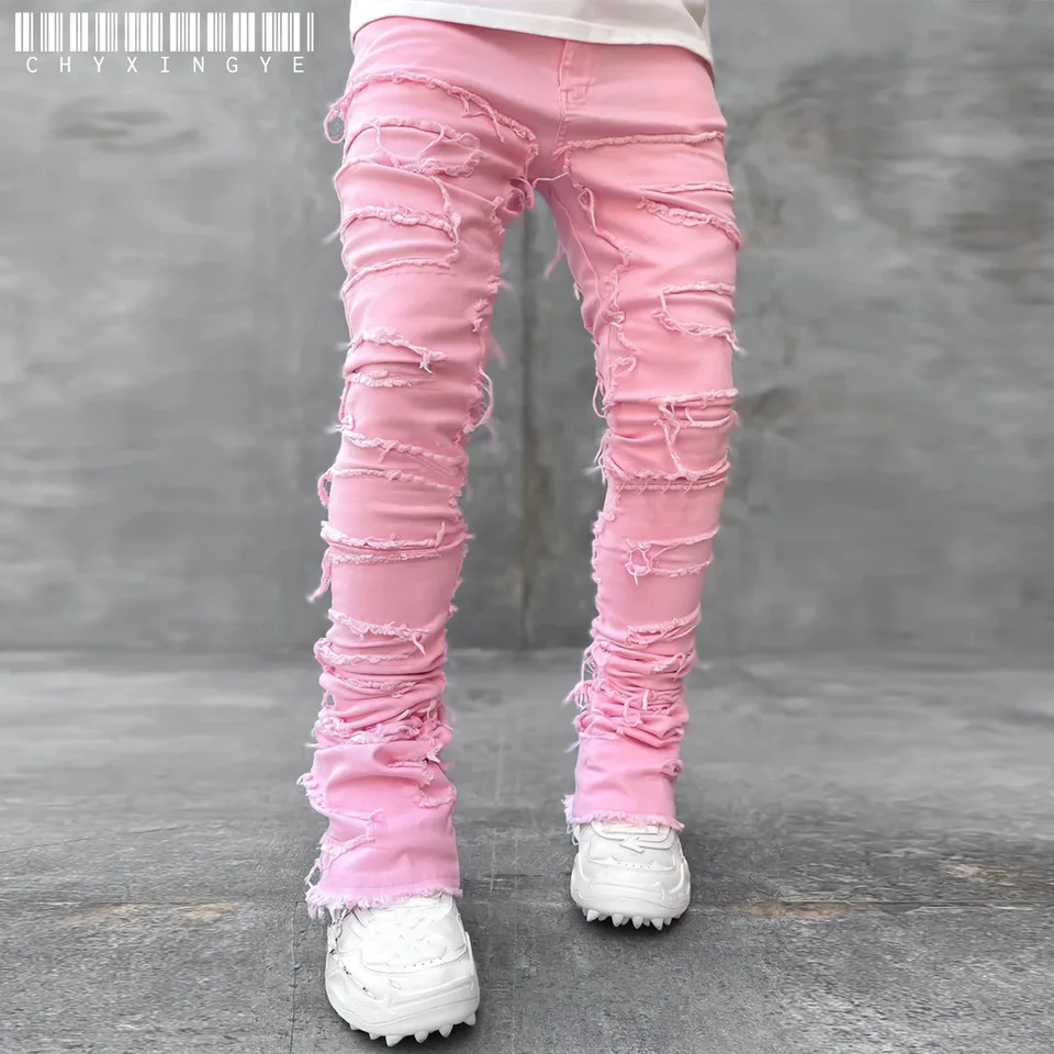 new Patch denim straight-leg pants retro jeans street fashion ins explosive style elastic new men's fashion retro denim trousers - Image 5