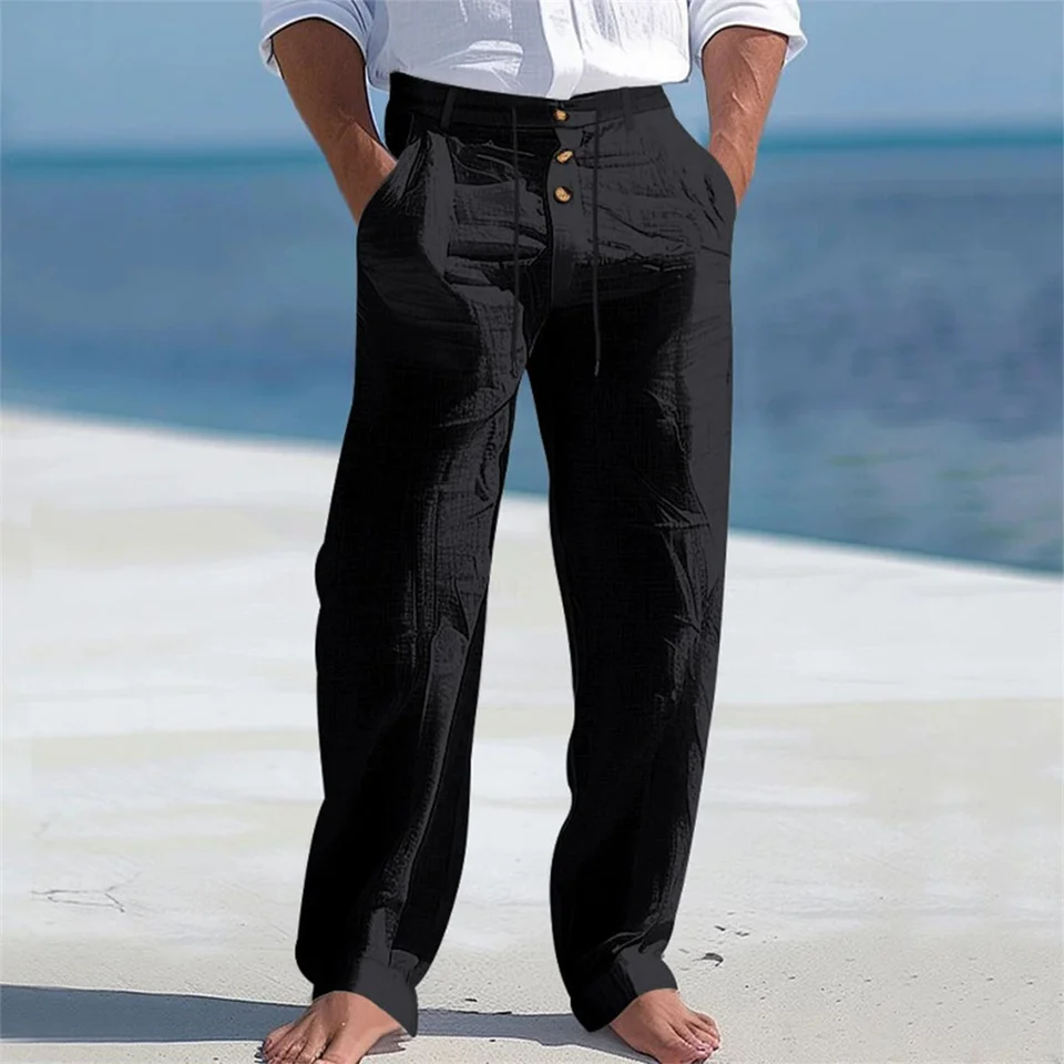 Men's Autumn Spring Cotton Pants Casual Breathable Cozy Trousers Button Drawstring Design Beach Style Vacation Long Pants - Image 2