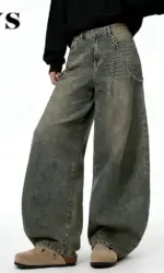 American Retro Baggy Wide Leg Jeans Men's Korea Streetwear Distressed y2k Clothing Casual Daily Four Seasons Denim Pants Unisex