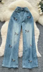 Women Denim Jeans Solid Pants Embroidered Pocket Button Zipper Fly Empire Waist Full Length Straight Pants Casual 2026 Spring
