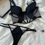 Fishbone large breasts lingerie with underpants suit top support lace thin mesh gathered underwear sexy bra set
