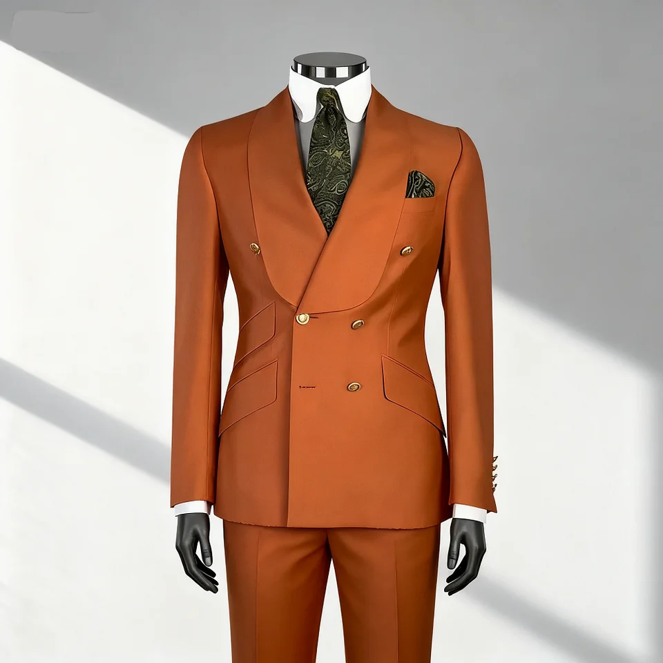 2 PCS Men's Smart Casual Solid Formal Tuxedo Suits with Shawl Lapel Double Breasted Jacket And Pants for Business And Wedding