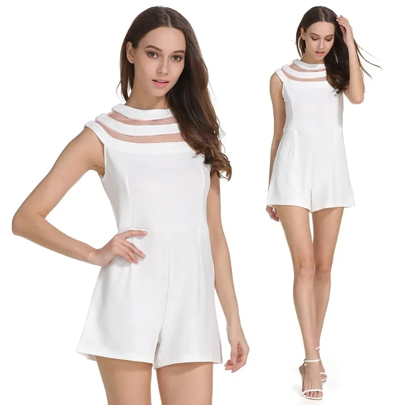 White Jumpsuits For Women Summer Sexy Romper Mesh Stitching Chiffon Bodysuit Jumpsuit Shorts