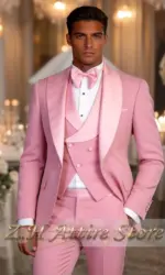 Elegant pink men's 3pcs suit spliced ​​satin lapel jacket vest pants custom-made set for wedding groom cocktail birthday party