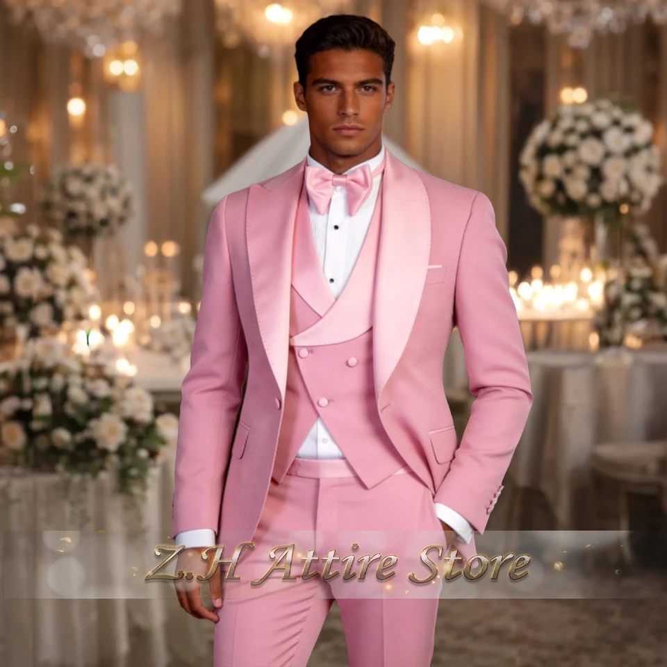 Elegant pink men's 3pcs suit spliced satin lapel jacket vest pants custom-made set for wedding groom cocktail birthday party