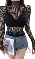 Womens Sexy Mesh Long Sleeve Fishnets Tops Fun Fashion Slim Fit Tops Hollow Out See Through Loose Female T-shirts Crop soft Top