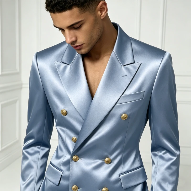 Men's Satin Suit Set 2 Piece Notch Lapel Double Breasted Gold Button Blazer Flare Pants Formal Wedding Prom Party Groom Outfit - Image 5