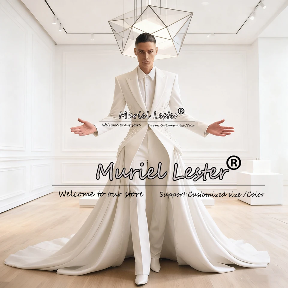Luxury Pearls Wedding Suits For Men Slim Fit Single Breasted Blazer With Long Train Customized Costume Homme Groom Tuxedos 3Pcs - Image 3