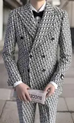 2024 Printed Letter Men Suits Slim Fit Double Breasted Groom Tuxedo for Wedding 2 Piece Male Fashion Jacket with Pants