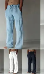 Men's Cotton Linen Long Pants Summer Solid Color Breathable Linen Trousers Male Casual Elastic Waist Casual Pants Harajuku Trous
