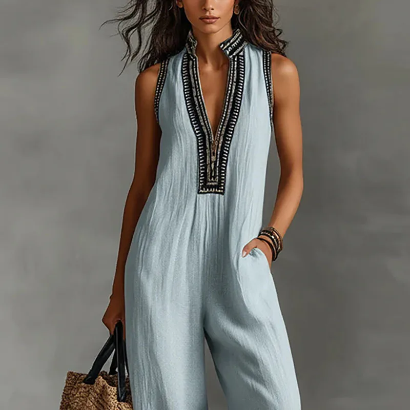 Sexy Deep V Neck Hollow Women's Jumpsuits Vintage Printed High Waist Slim Office Romper Spring Summer Sleeveless Pocket Overalls - Image 2