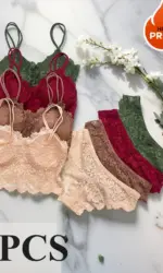 4pcs Women'S Sexy Lace Bra & Panty Set, Breathable & Comfortable, Removable Bra, Stretchy Lingerie Set