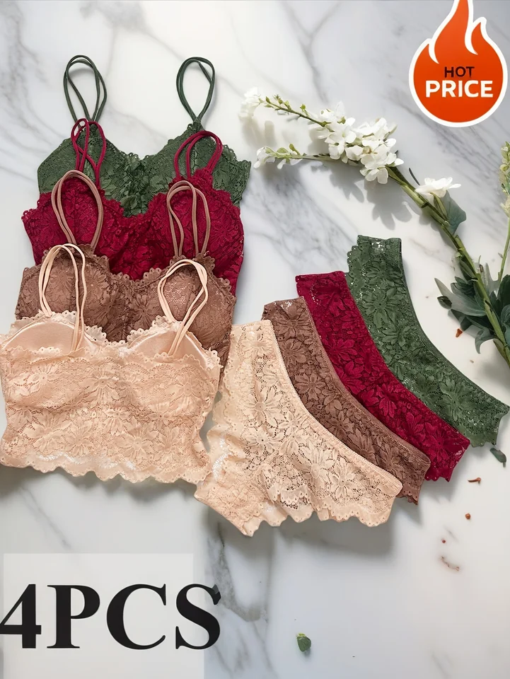 4pcs Women'S Sexy Lace Bra & Panty Set, Breathable & Comfortable, Removable Bra, Stretchy Lingerie Set