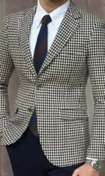 Houndstooth Plaid Blazer for Men One Piece Suit Jacket with 2 Side Slit Slim Fit Casual Male Coat Fashion Clothes 2023