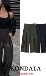 KONDALA Casual Chic Wide Leg Pants Women Office Lady Pockets Pleated Long Trousers Fashion 2026 Spring Summer Streetwear Pants