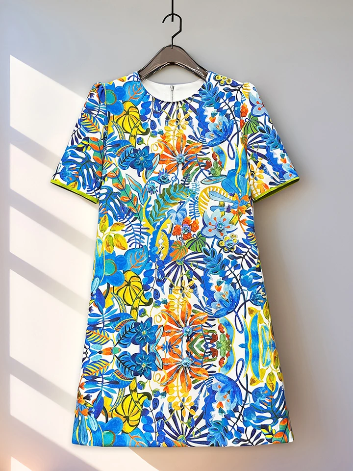 2026 Printed Beaded Dress Women Short Sleeve O Neck a Line Dress Elegant Fashion Summer Ladies Casual Party Midi Dress