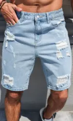Hole-washed Water Buffalo Denim Short Pants - Men's Trendy Loose Straight Five-Piece Casual Shorts - Summer New Style