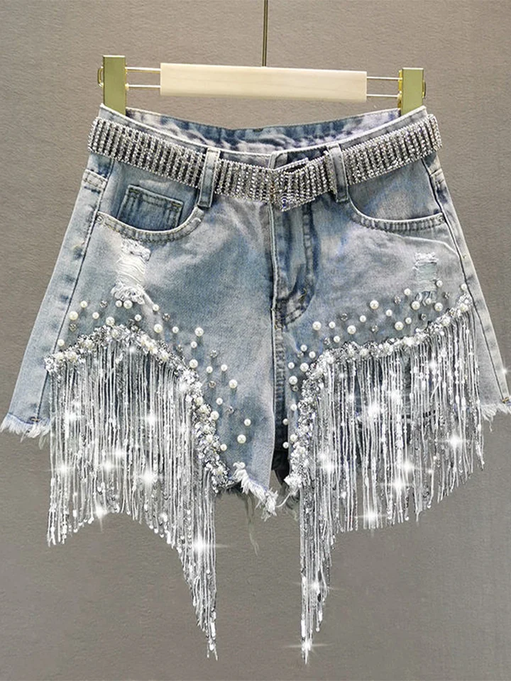Summer Elegant Shorts Lady Tassel Beading High Waist Wide Leg Denim Shorts Female Casual Solid Shorts Jeans for Women Clothing - Image 5