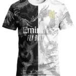 Men's Dragon-Pattern Sports T-Shirt Black and White Split Design Is Comfortable and Breathable Suitable for Training and Leisure