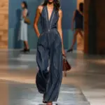 Women's Halter Neck Denim Jumpsuit Sleeveless Deep V-Neck Wide Leg Denim Romper Vintage Inspired Retro Denim Overalls