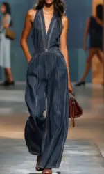 Women's Halter Neck Denim Jumpsuit Sleeveless Deep V-Neck Wide Leg Denim Romper Vintage Inspired Retro Denim Overalls