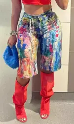 Denim Shorts Women Knee Length Straight Jeans Print High Waist Distressed Washed Summer 2025 Streetwear Vintage Short Pants
