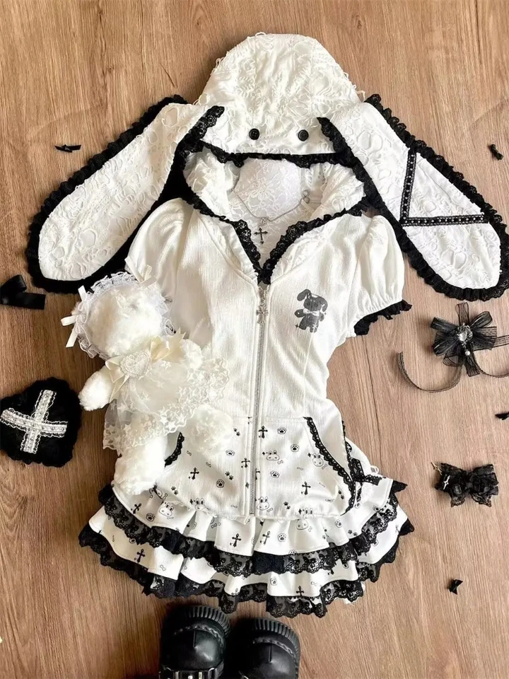 Summer Sweet Preppy Style 2 Piece Sets Women Y2k Kawaii Lolita Design Tops + High Waist Chic Skirt Female Princess Retro Outfits