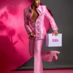 Pink Satin Men Suits Set 2 Pcs Blazer+Pant Trousers Wedding Tuxedo Shiny Crystals Formal Office Business Groom Jacket Coat