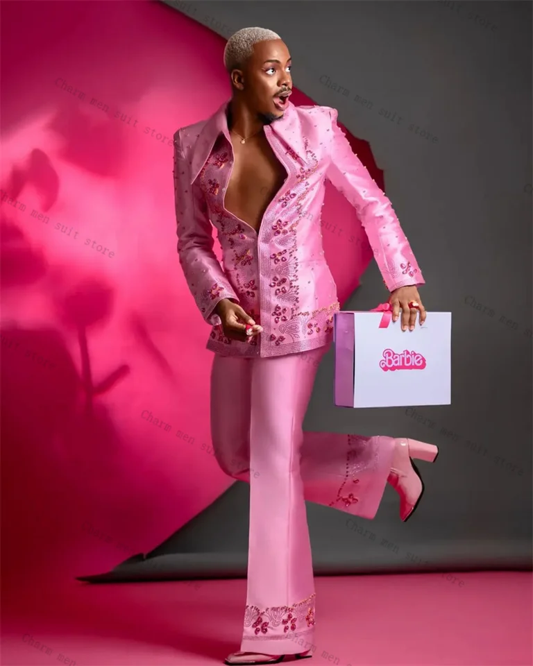 Pink Satin Men Suits Set 2 Pcs Blazer+Pant Trousers Wedding Tuxedo Shiny Crystals Formal Office Business Groom Jacket Coat